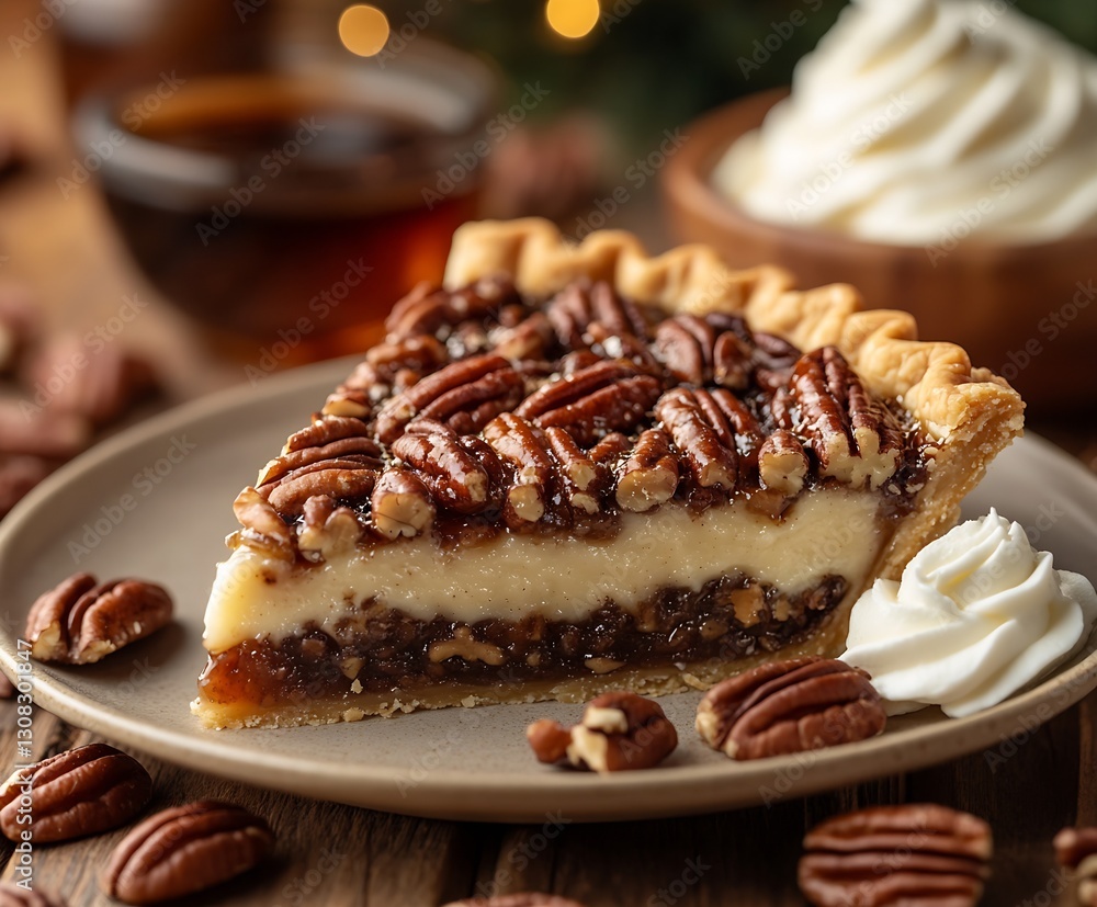 Aufkleber Scrumptious slice of pecan pie on a light plate garnished with whipped cream ready to be enjoyed : Generative AI