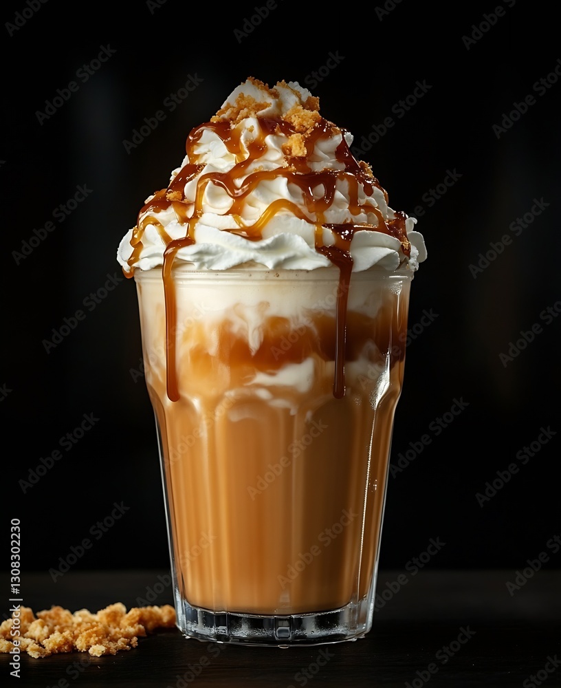 Poster decadent caramel latte with whipped cream and hazelnuts on black background : generative ai