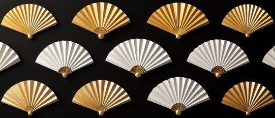 Seamless metallic silver and gold fan motifs on matte black, refined Art Deco luxury pattern, sophisticated high-end vintage elegance