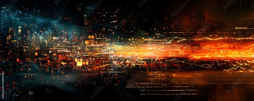 Poster an abstract nighttime cityscape featuring streams of light and glowing structures