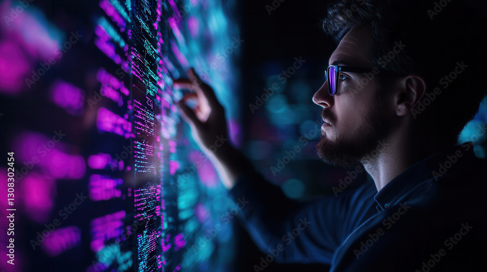 Poster focused man interacts with digital hologram interface, showcasing vibrant data visualization