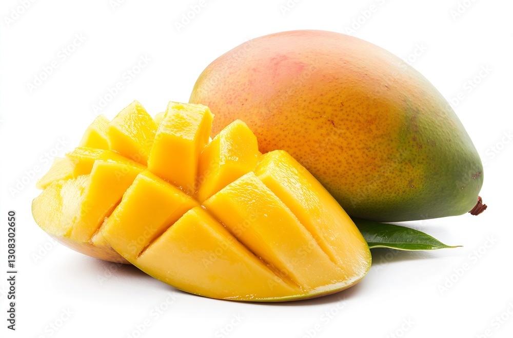 Aufkleber fresh whole and sliced mango fruit on white background : generative ai