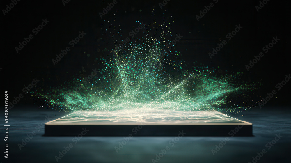 Poster glowing digital hologram interface with vibrant particles and light effects creates mesmerizing visu