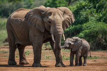 Baby elephant with mother enjoying nature, amidst lush greenery in a wildlife setting
