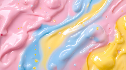 vibrant swirl of pink, blue, and yellow colors creates playful candy like gradient with glossy texture, evoking sense of joy and creativity