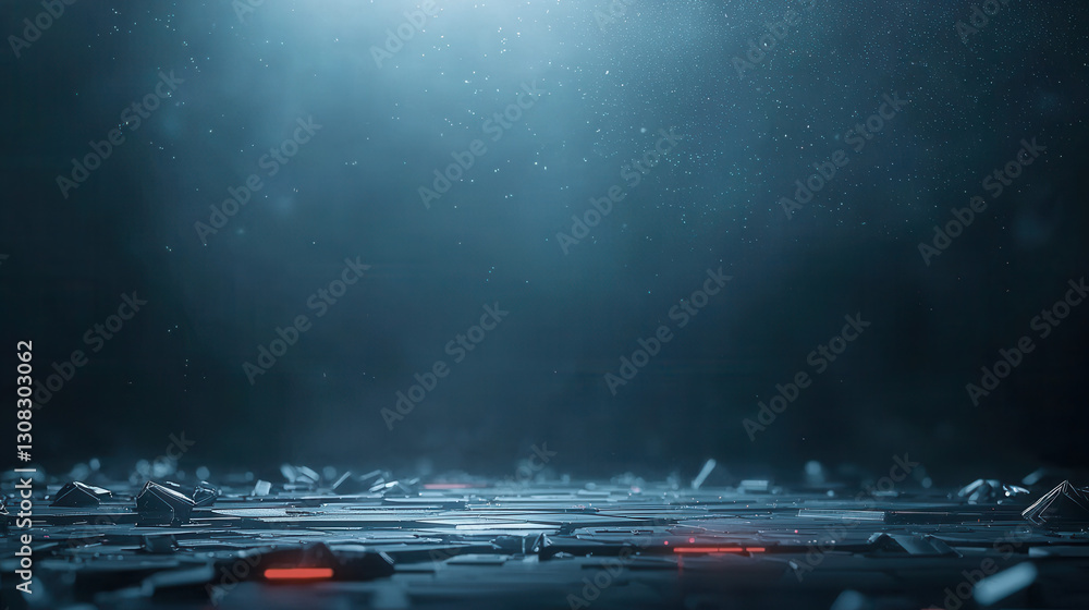 Poster futuristic digital landscape with glowing elements and particles floating