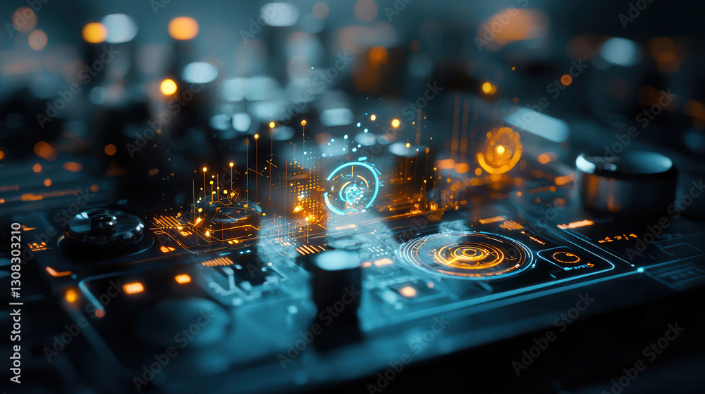 Aufkleber futuristic hologram dashboard with glowing elements and studio lighting, showcasing advanced technol