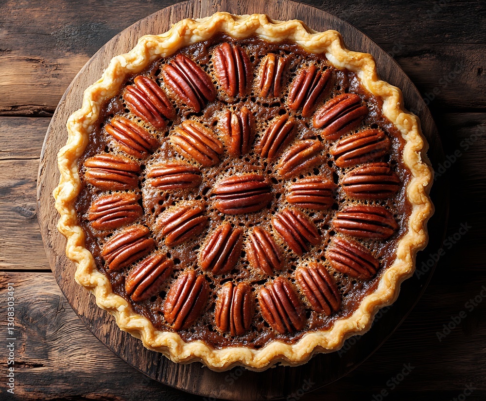 Poster golden pecan pie with pecans on a rustic wooden serving board : generative ai