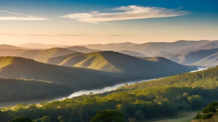 A serene and majestic landscape of the Satpura Range, with rolling hills of lush green forests, stretching as far as the eye can see, under a bright blue sky with a few wispy clouds, capturing the ess
