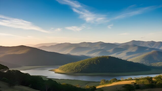 A serene and majestic landscape of the Satpura Range, with rolling hills of lush green forests, stretching as far as the eye can see, under a bright blue sky with a few wispy clouds, capturing the ess