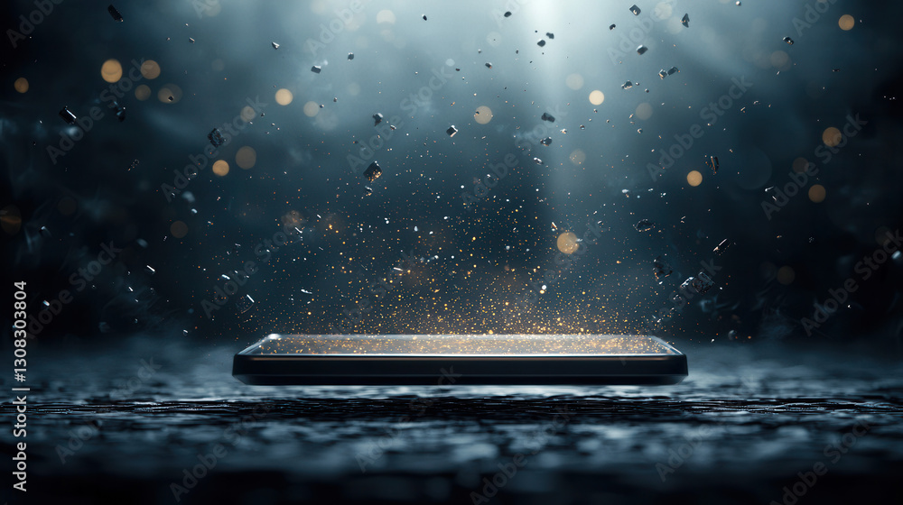Aufkleber futuristic smartphone surrounded by sparkling particles in dark setting