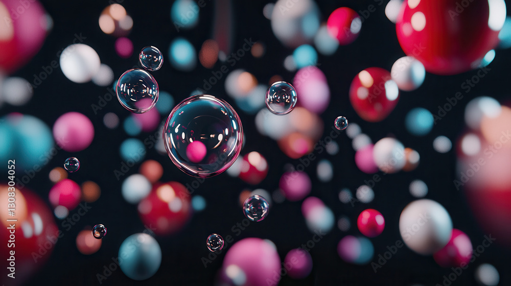 Poster bubbles and spheres in vibrant colors create dynamic, abstract scene. interplay of light and shadow 