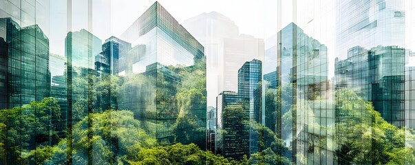 Overlapping images of skyscrapers with vibrant green trees and nature