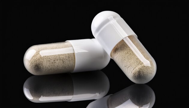 two white capsules of nutritional supplement msm sulfur on black background