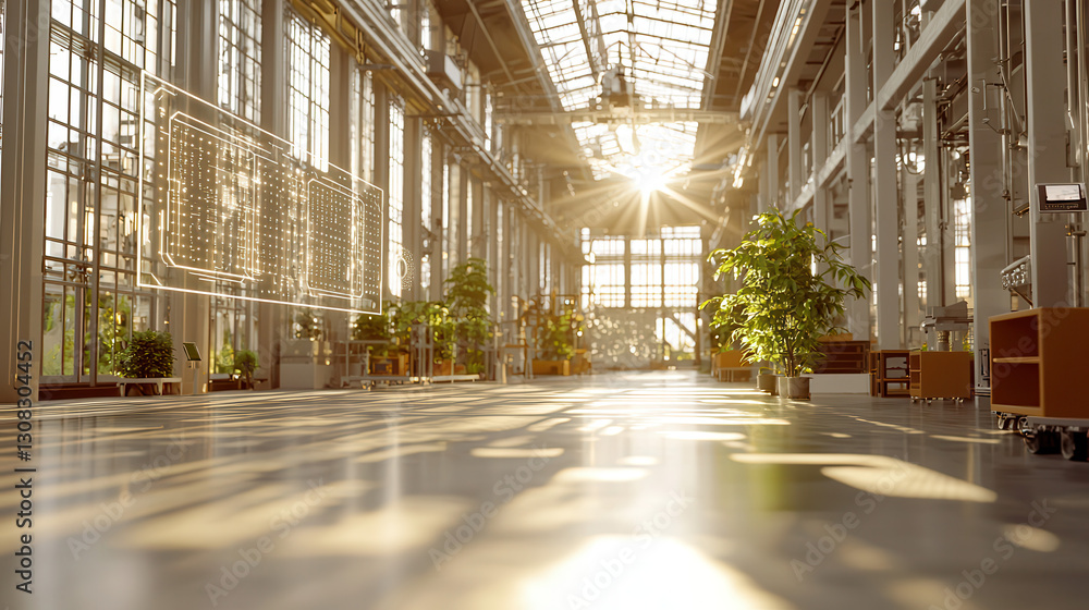 Poster futuristic smart factory floor with immersive augmented reality and sunlight streaming through large