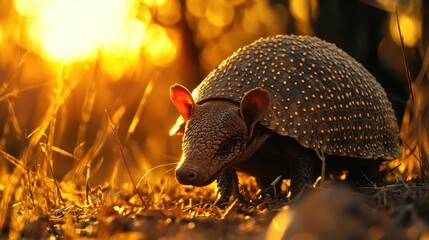 Obraz premium Golden hour armadillo foraging in nature wild environment close-up view wildlife photography