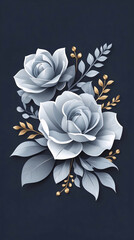 Elegant Cool Gray Peony and Rose Flower Illustration on Dark Navy Matte Background for Luxury Wall Art Floral Botanical invitation Design
