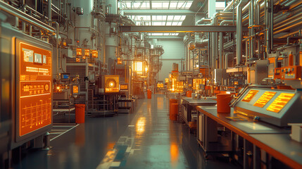 Naklejka premium futuristic industrial facility with glowing machinery and digital displays, showcasing advanced technology and automation