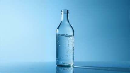 一瓶清澈的水放在蓝色背景前