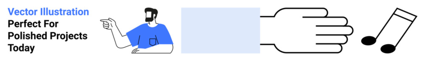 Man in blue shirt pointing, open palm gesture, black music notes. Ideal for teamwork, creativity, music, communication, teaching, interpersonal skills flat landing page banner