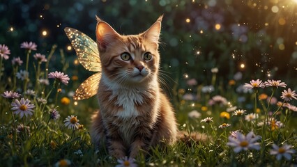 A fairy cat with sparkling wings, sitting in a meadow filled with glowing flowers.