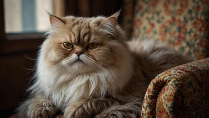 Fototapeta premium A sleepy Persian cat with luxurious fur, lounging in a vintage armchair.