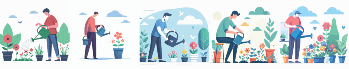 Vector of a person watering flowers.