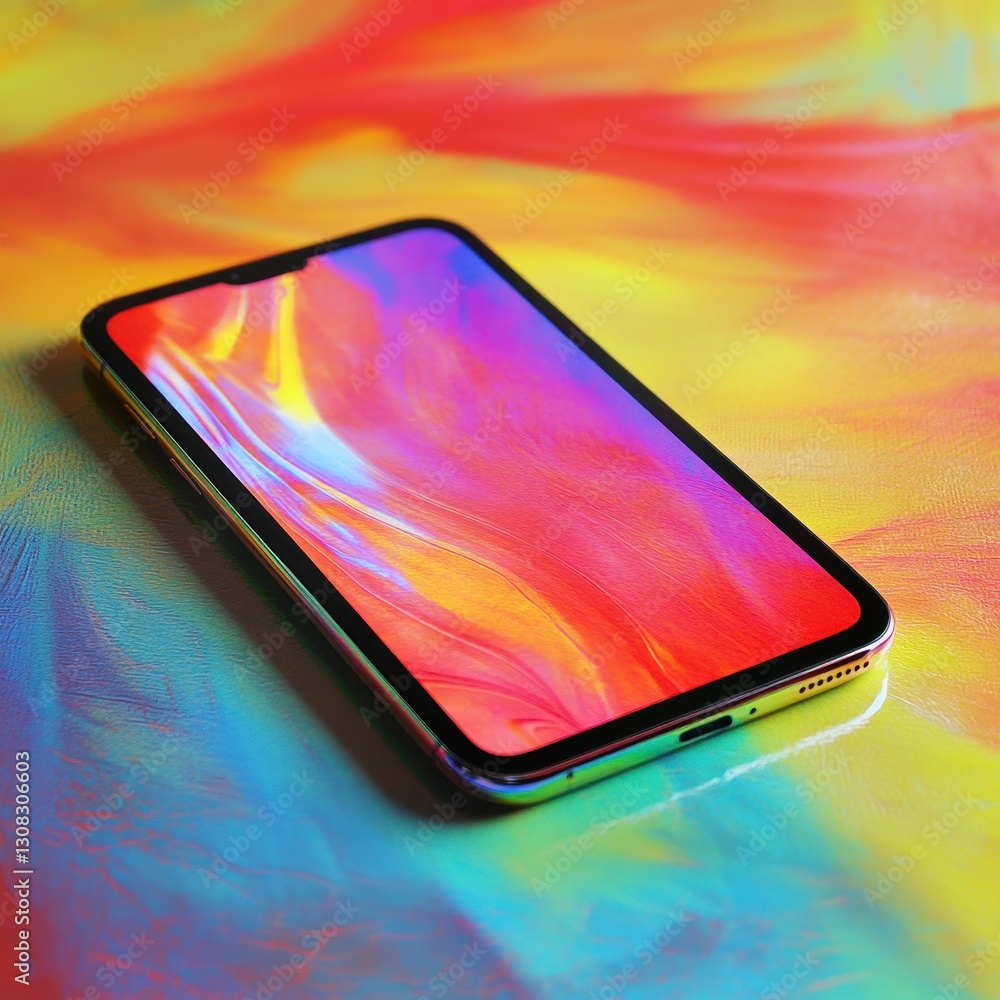 Poster a vibrant smartphone in shades of blue and pink rests on a lively, multicolored surface adorned with