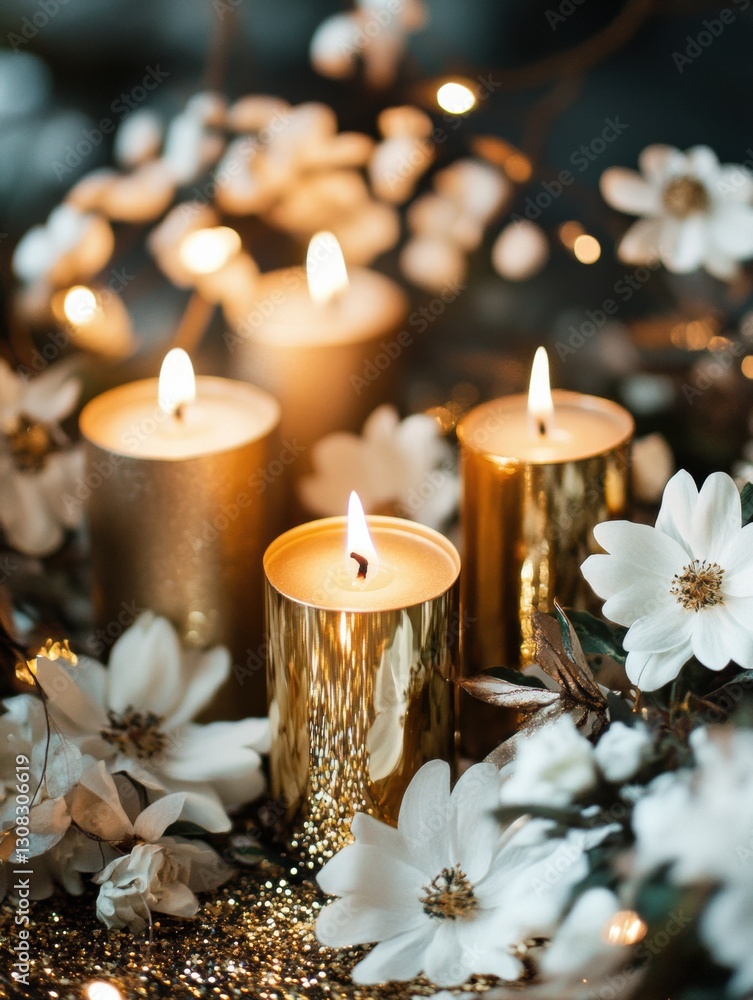 Poster elegant golden candles adorned with white flowers create a serene ambiance on a shimmering dark back