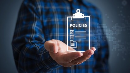 Regulatory Compliance and Policy Management Concept. A professional examines a digital document titled 'Policies,' featuring checklists, certifications, legal regulations, and financial oversight