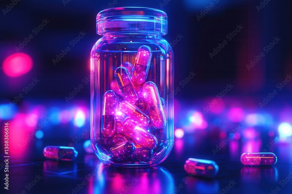 Leinwandbilder futuristic transparent pill bottle showcases glowing capsules with a cyberpunk aesthetic in a high t