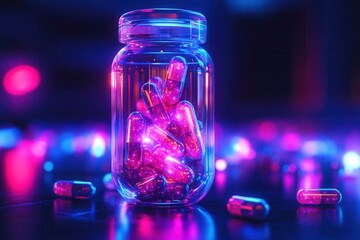 Futuristic transparent pill bottle showcases glowing capsules with a cyberpunk aesthetic in a high tech setting Generative AI