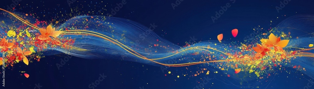 Poster vibrant, swirling lines in a spectrum of colors intertwine with delicate flowers, creating a lively 