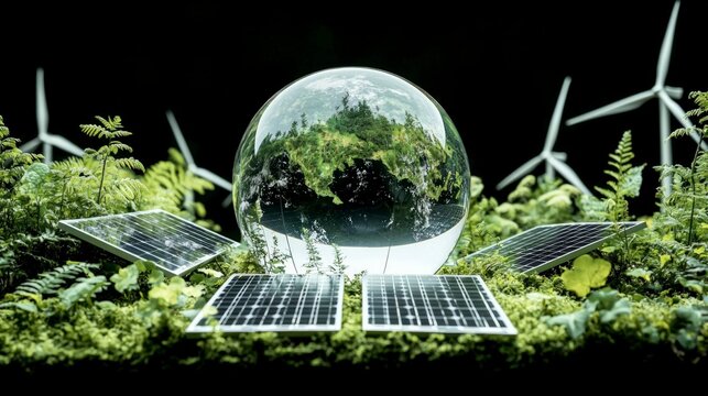 Sustainable Energy  Green Earth Globe  Solar Panels  Wind Turbines