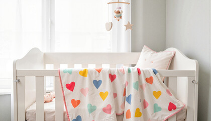 Cozy nursery crib with colorful heart-patterned blanket