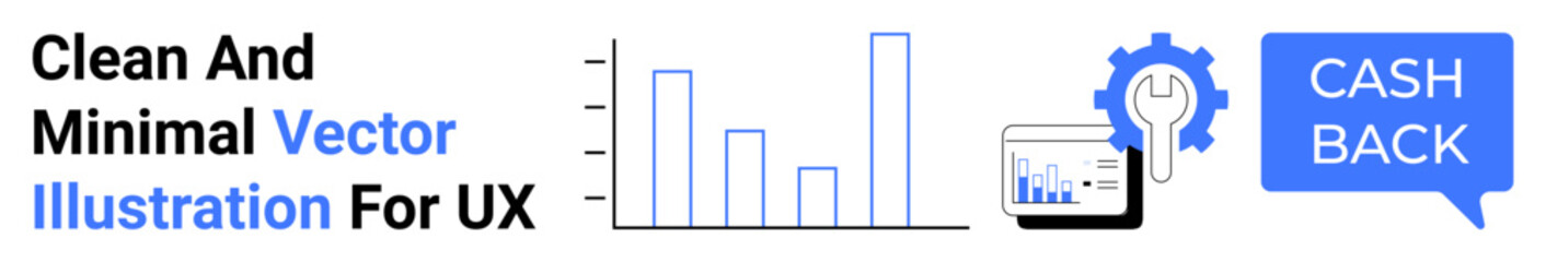Bar graph, gear, tablet with graph, cashback dialogue symbol. Ideal for analytics, tech tools, financial apps, e-commerce, customization data insights flat landing page banner