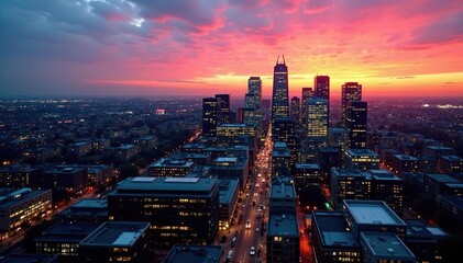 Fototapeta premium Dusk descends, aerial view of Manchester's iconic buildings, view, urban