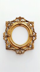 Gold picture frame with gold foil decor and carvings on a white wall, evoking old-world charm for rustic backgrounds, scrapbooking, or vintage-inspired designs.