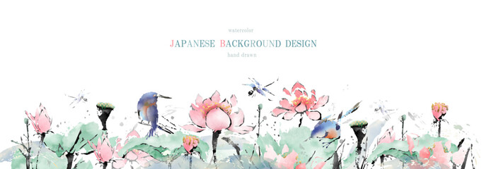 「日本の伝統、水彩で描く蓮の花と小鳥」ベクター、背景、イラスト © surface Change