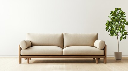 Fototapeta premium Contemporary japandi living room interior featuring a cozy couch and decorative plant for a minimalist vibe