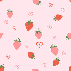 Seamless pattern of strawberry with green leaves and cute hearts on pink background vector. Cute fruit print.