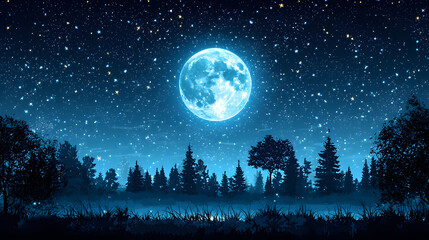 A beautiful glowing moon shining over the forest at night time