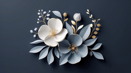 Modern Cool Gray Peony and Rose Floral Illustration on Dark Matte Navy Background for Luxury Home Decoration Floral Botanical invitation Design