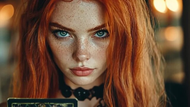 Red-haired fortune teller woman holding tarot card. Fortune telling and prediction on cards