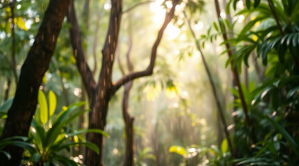 Fototapeta premium Abstract blur of a lush green forest with sun rays filtering through the trees, creating a peaceful, natural atmosphere.