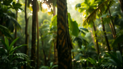 Obraz premium Abstract blur of a lush green forest with sun rays filtering through the trees, creating a peaceful, natural atmosphere.