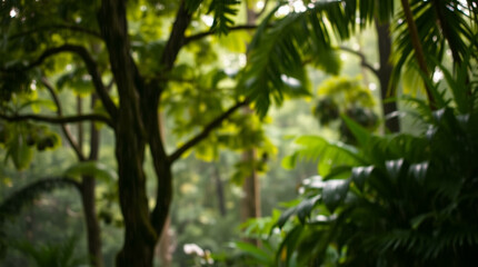 Abstract blur of a lush green forest with sun rays filtering through the trees, creating a peaceful, natural atmosphere.