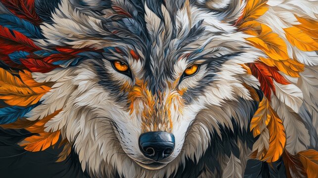 A meticulously detailed oil painting captures the majesty of a gray wolf's head and shoulders. Its intricate fur blends whites, grays, browns, with touches of orange and yellow, evoking wilderness bea