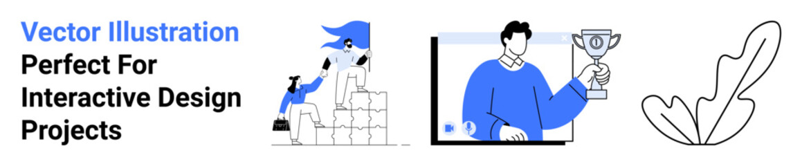 Casual woman assembling blocks, man holding trophy on screen, abstract plant with simple strokes. Ideal for teamwork, achievement, digital projects, design, creativity, education flat landing page