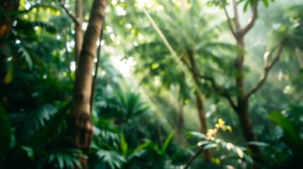 Obraz premium Abstract blur of a lush green forest with sun rays filtering through the trees, creating a peaceful, natural atmosphere.